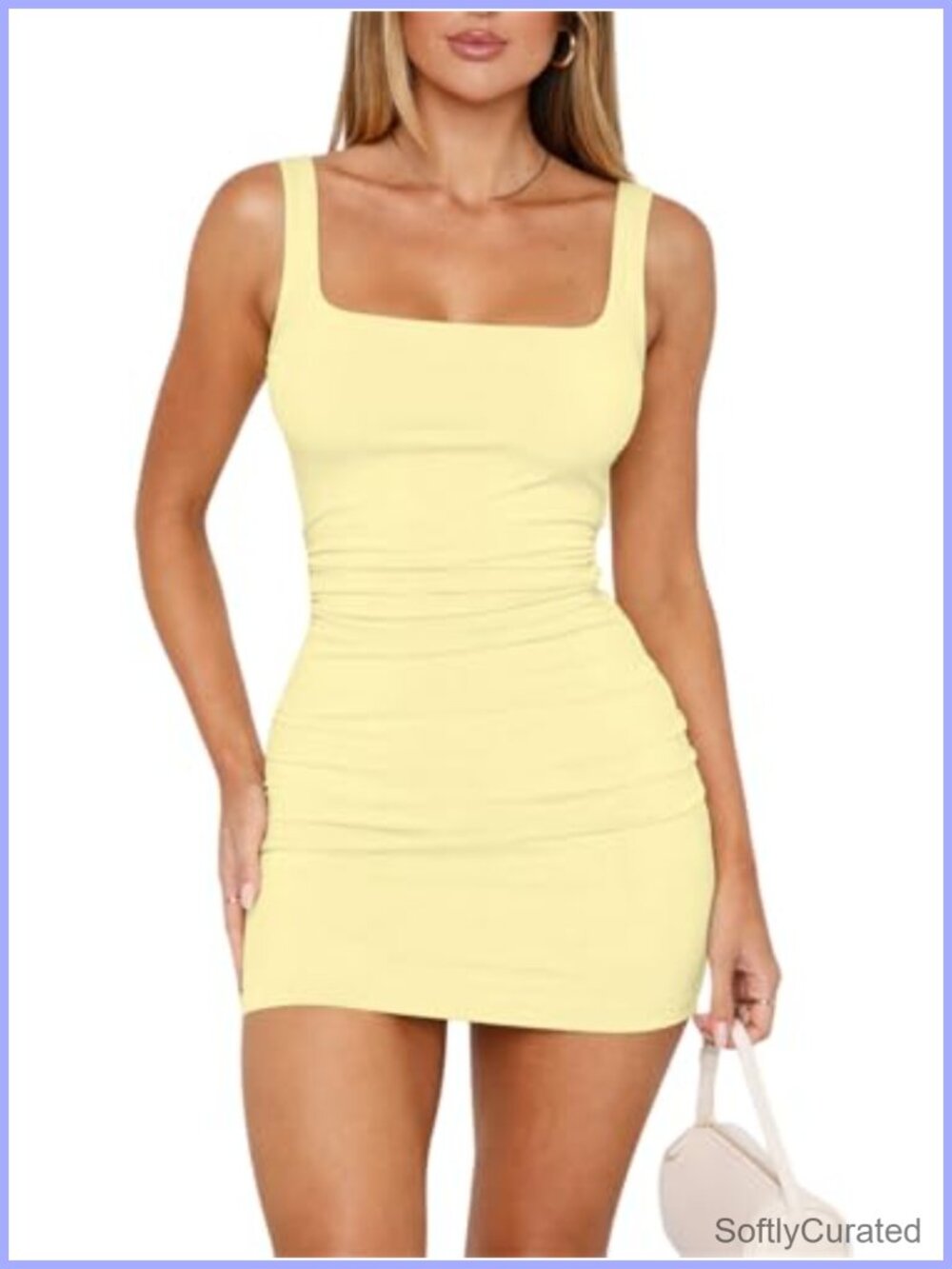 Womens Summer Tank Mini Dress Sleeveless Ruched Bodycon Square Neck Party Club